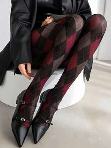 1pc Women's Burgundy & Black Plaid Tights, Classic Plaid Pattern Autumn Leggings, Preppy Vintage Style - Multicolor - View 1