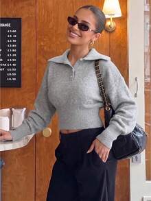 Women Lapel Collar Half Button Crop Sweater Drop Shoulder Long Sleeve Ribbed Hem Fitted Waist Knit Jumper Casual Streetwear Pullover - Grey - View 3