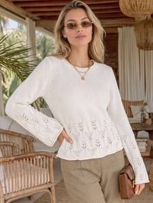 NiceArt Women's Crew Neck Knit Sweater Flare Long Sleeve Pullover Elegant Lightweight Knit Top For Spring Fall Daily Casual - Apricot - View 7