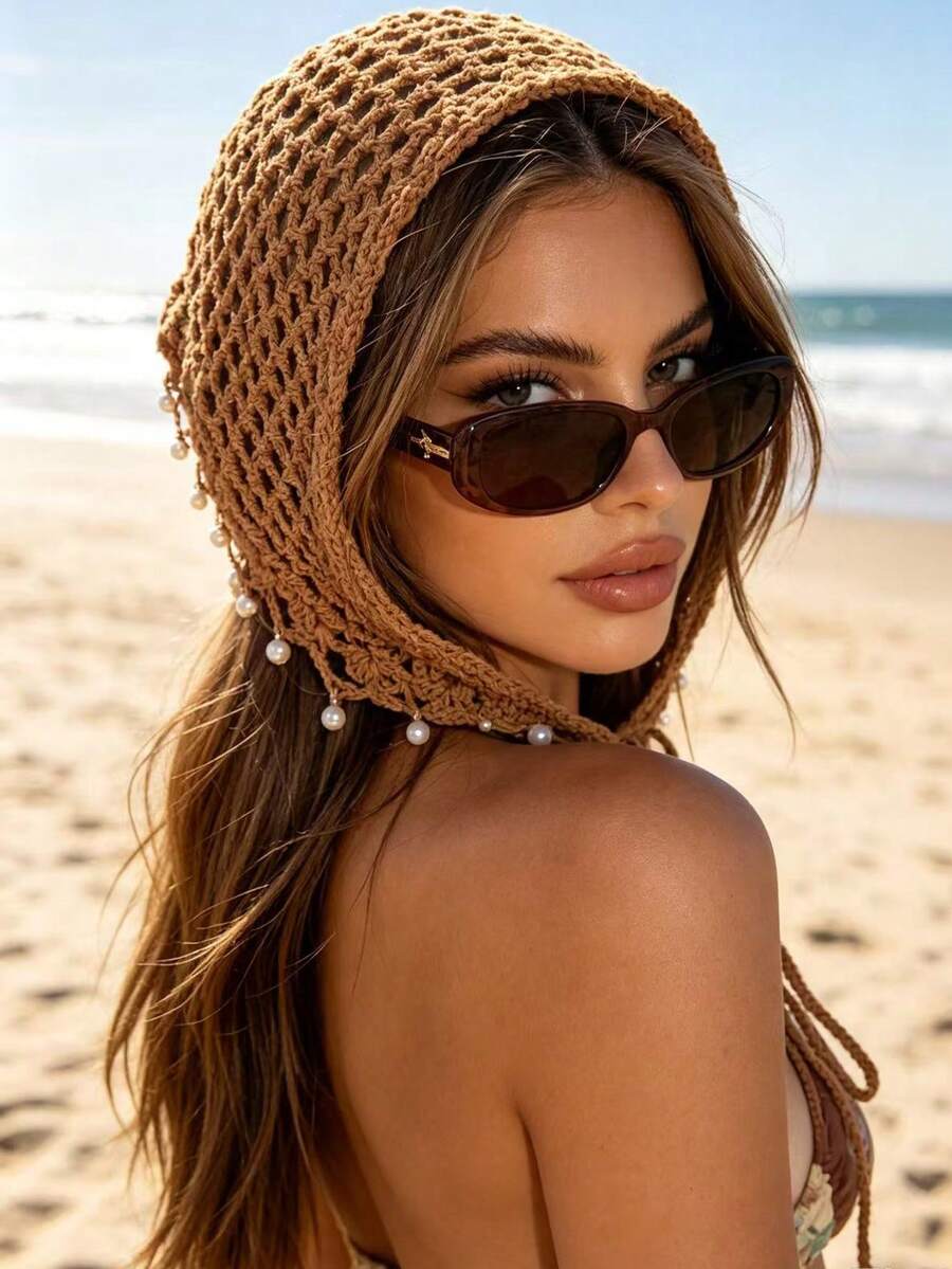 1pc Women's Handmade Hollow Triangle Scarf With Shells And Pearls, Beach Photography Headscarf Hat, Suitable For Daily Wear, Vacation, Bohemian Style - Headscarf - View 1