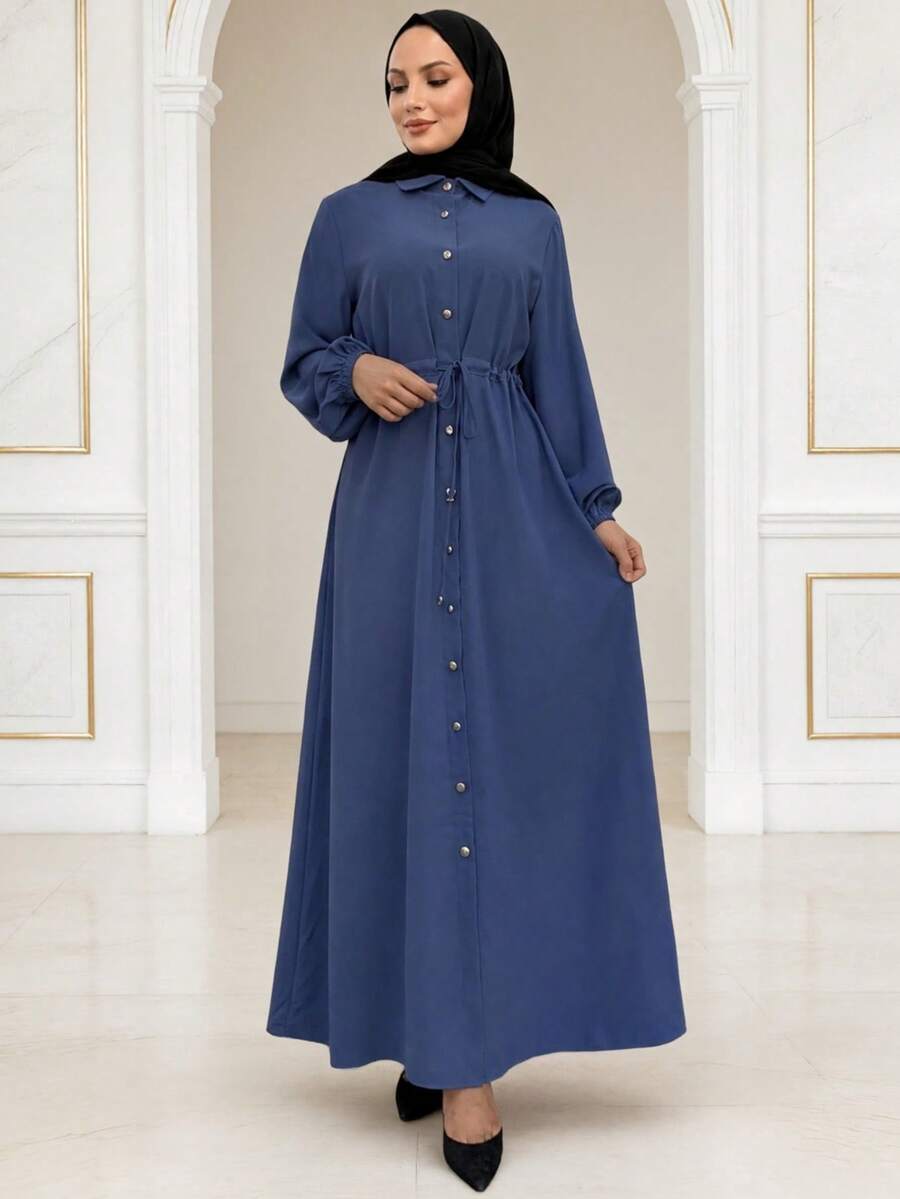 Women's Fashion Lapel Solid Color Long Sleeve Dress, Loose Long Dress
