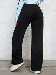 Teenage Girls' Fashion Solid Color Straight-Leg Jeans - Black - View 3