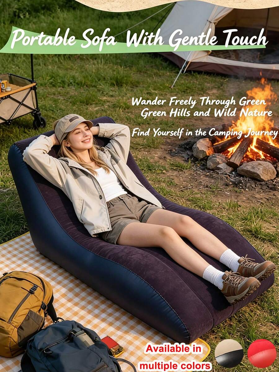 1pc 3 Colors Optional PVC Inflatable Lounge Chair, Outdoor Camping Reclining & Sleeping, Portable Sofa, Foldable, Camping, Beach Inflatable Sofa Chair, Ergonomic S-Shaped Inflatable Sofa, Outdoor & Indoor Dual Use, Thickened Wear-Resistant Slouchy Inflatable Lounge Chair, Christmas, Halloween