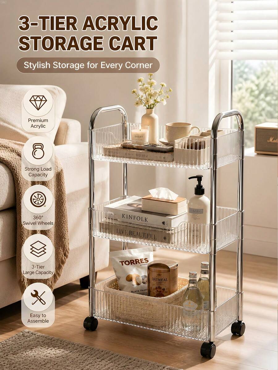 Acrylic Rolling Storage Rack, No Assembly Required, Portable, Rotatable, Movable Organizer; Suitable For Cosmetics, Kitchen, Bedroom, Bathroom, Living Room, Office, Multi-Functional Storage Solution