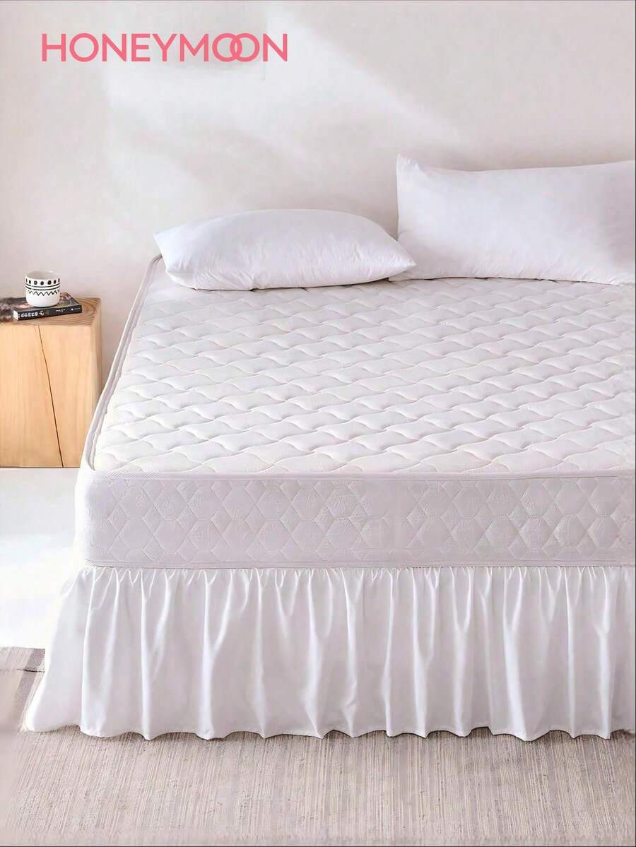 1pc Ruffle Bed Skirt, 15 Inch Drop, Easy Installation, Non-Slip Super Soft Bed Cover With Platform, Romantic Style, Suitable For Home Bedding And School Dorm, Machine Washable - White - View 1