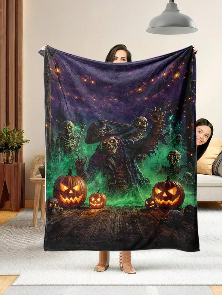 1pc Halloween Style Soft & Comfortable Blanket, Multi-Purpose Throw For Sofa, Bed And More, Outdoor Camping Leisure Blanket, Suitable For Home, Picnic, Travel, All Seasons Comfort, 280gsm Polyester, Machine Washable - Multicolor - View 1