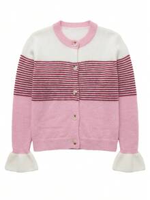 Plus Size Women's Colorblock Striped Knit Cardigan, Slimming Front Button Soft Casual Long Sleeve Jacket, Autumn/Winter - Multicolor - View 6