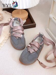 1 Pair Fashionable Versatile Ballet Style Lace-Up Flat Shoes, Suitable For Spring, Summer, Autumn, 2026 New Arrival - Grey - View 2