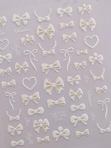 1pc 5D Classic Elegant Bow Nail Sticker, Cute Black & White Ribbon Bow Nail Art Decals, Self-Adhesive Slider Nail Decoration DIY Sticker Nail Stickers - White - View 1