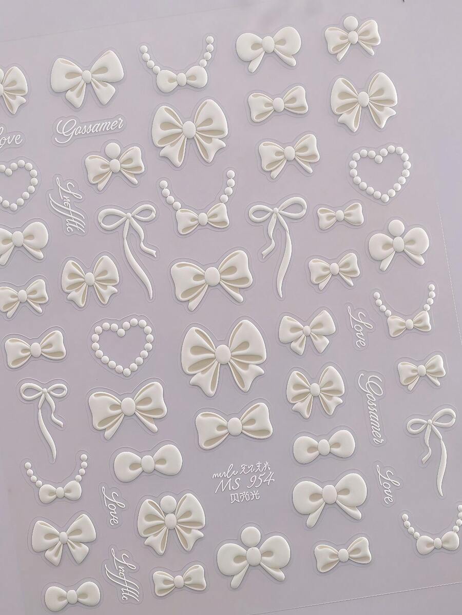 1pc 5D Classic Elegant Bow Nail Sticker, Cute Black & White Ribbon Bow Nail Art Decals, Self-Adhesive Slider Nail Decoration DIY Sticker Nail Stickers - White - View 1