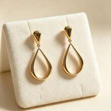 1 Pair Luxury Gold-Plated Hollow Teardrop Dangle Earrings, Large Geometric Drop Earrings, Women's Daily Party Jewelry Gift - Gold - View 4