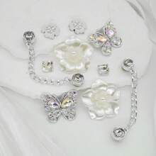 26pcs Moonlight White Iridescent Silver Rhinestone Hollow Shoes Charms, Pearl Flower Butterfly Chain DIY Shoe Buckle Accessories Set - Silver - View 3