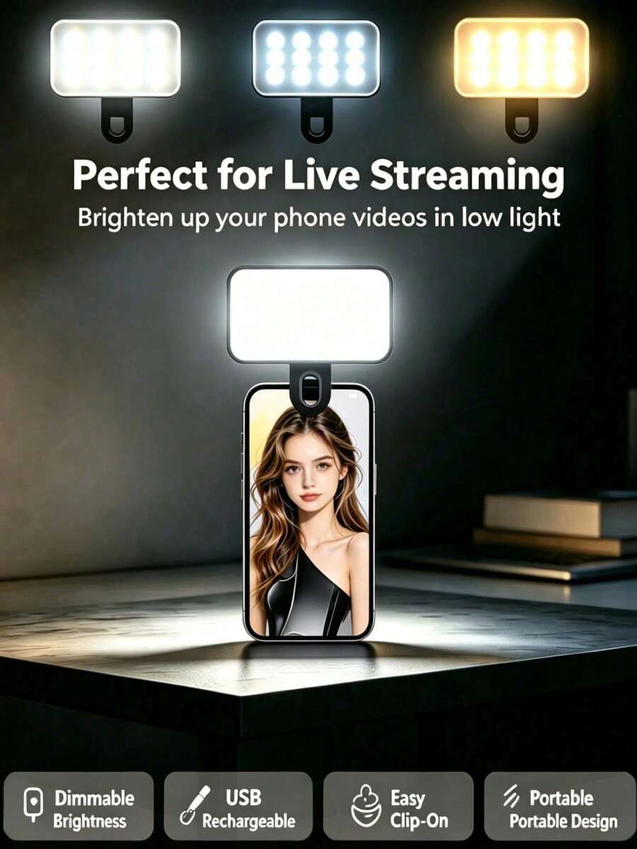 Lampu Isi Ulang LED Portabel, Lampu Selfie, Lampu Rias Cermin, Lampu Ponsel LED dengan 3 Mode Pencahayaan, Lampu Isi Jepit, Rias Wajah, Siaran Langsung, Konferensi Zoom, Lampu Jepit Video/Foto/Lampu Hias/Lampu Ruangan untuk Ponsel, Kamera, Notebook 250mAh
