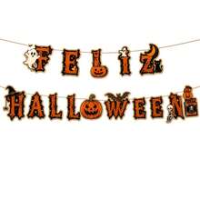 1 Set, Feliz Halloween Letter Banner, Spanish Halloween Paper Banner, Ghost Pumpkin Bat Skull Elements, Vintage Halloween Home Wall Party Decoration - Evil Pumpkin - View 1
