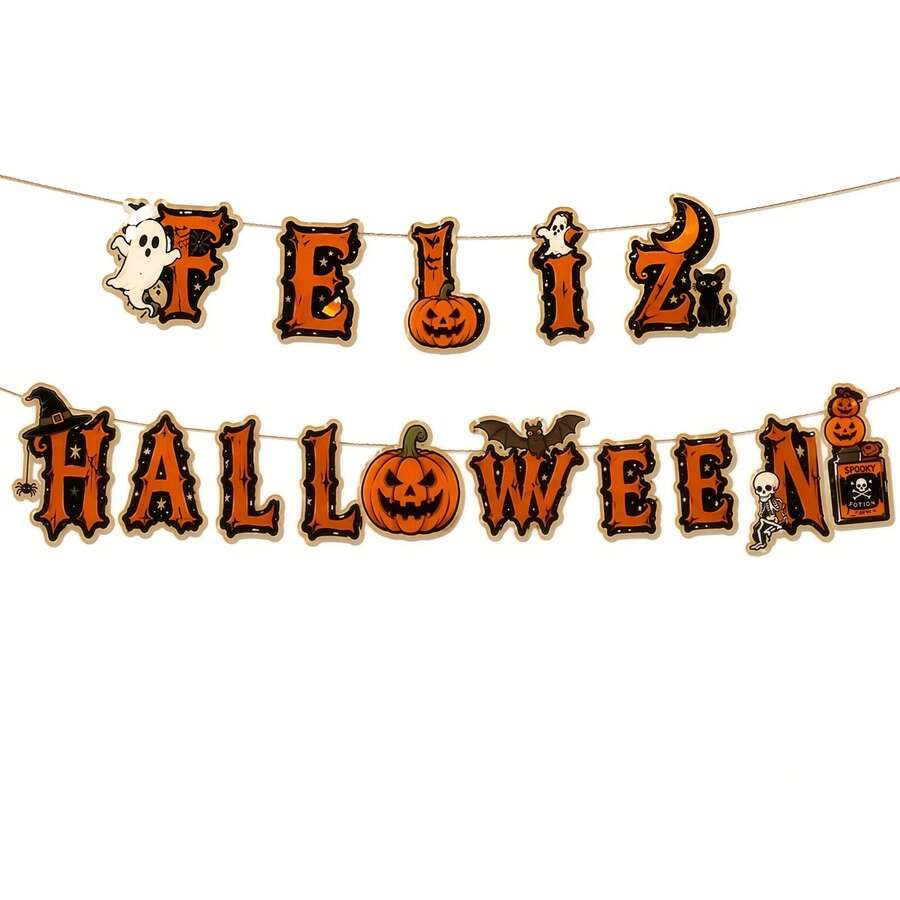 1 Set, Feliz Halloween Letter Banner, Spanish Halloween Paper Banner, Ghost Pumpkin Bat Skull Elements, Vintage Halloween Home Wall Party Decoration - Evil Pumpkin - View 1