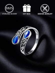 S925 Sterling Silver Vintage Distressed Blue Cat's Eye Stone Open Ring, Vintage Carved Adjustable Band - Silver - View 6