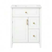 61 Cm Freestanding Vanity Unit In White With Ceramic Basin, Gold Handles, Flip-Out Drawer, Drawers, Side Shelf And Storage Under The Sink, Without Tap - 白色 - 查看 1