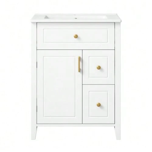 61 Cm Freestanding Vanity Unit In White With Ceramic Basin, Gold Handles, Flip-Out Drawer, Drawers, Side Shelf And Storage Under The Sink, Without Tap - 白色 - 查看 1