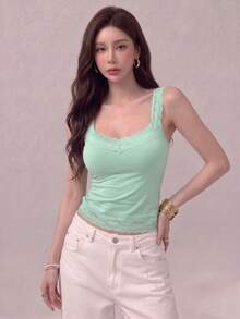 Top Dazzle Women's Summer Essential Knitted Camisole, Delicate Lace Details, Asymmetrical Hem, Comfortable Regular Fit - Green - View 4