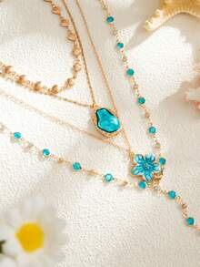 4pcs/Set Bohemian Floral Necklace, Heavy-Duty Multi-Layer Y-Shaped Chain, Beach Vacation Atmosphere Neck Accessory, Suitable For Seaside Holiday, Beach Travel, Daily Hot Girl Outfit, Dating - Gold - View 3