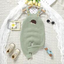 1pc Korean Ins Style Infant Knitted Bib Jumpsuit, Cute Hedgehog Embroidery Pattern, Unisex Baby Simple Versatile Knitted - Green - View 4