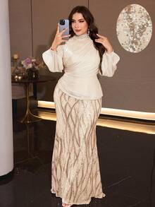 優雅杏色魚尾晚禮服，配主教袖與立領，適合迷人正式晚宴與婚禮賓客造型 - 杏色 - 查看 3