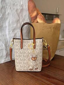 Women's Mini Tote Crossbody Bag, Vintage Letter Print Handbag With Bear Pendant And Gold Hardware, Detachable Shoulder Strap, Lightweight Retro Daily Bag - Multicolor - View 6