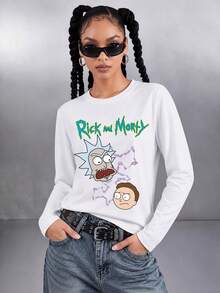 SHEIN X Rick and Morty 1件女款長袖T恤，閃電卡通臉印花，趣味街頭風，適合購物、上學與休閒派對，白色 - 白色 - 查看 2