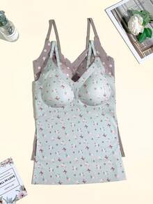 3pcs/Pack Seamless Ditsy Floral Camisole Tank Tops For Women, Elastic Comfortable With Padded Cups, Innerwear & Outerwear - Multicolor - View 3