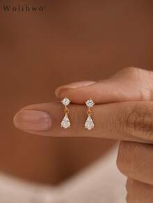 1Pair Dainty Gold‑Tone Round & Kite Cut CZ Drop Earrings, Elegant Sparkling CZ Dangle Earrings, Minimalist Jewelry For Women Daily Dating Wedding Wear - Gold - View 9