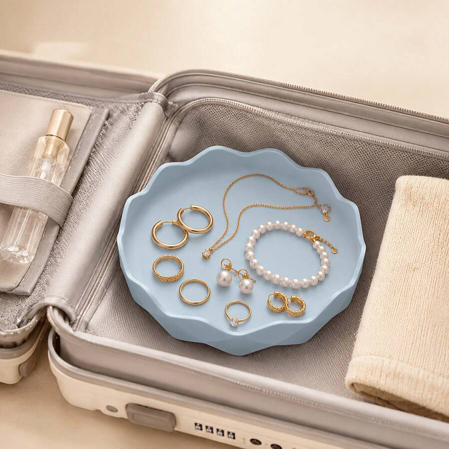 3pcs Stackable Wavy Jewelry Trays, Multi-Layer Cosmetic Organizer, Cute Wavy Edge Vanity Tray, Suitable For Rings, Earrings, Necklaces, Bracelets, Desktop Makeup Table Storage Tray, Bedroom Dressing Table Decor