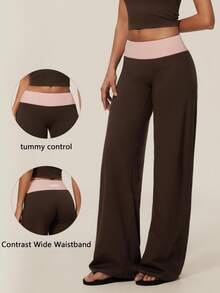 TimeOff Celana Panjang Wanita 1 potong Musim Gugur/Dingin, Kombinasi Warna, Pinggang Lebar, untuk Olahraga, Lari, dan Lari, Potongan Lurus dan Lebar - Coklat - View 1