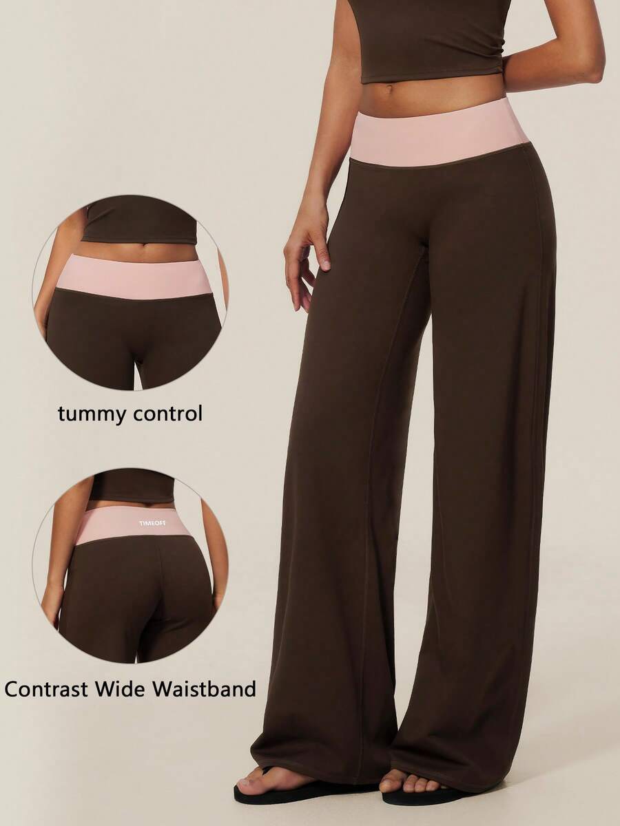 TimeOff Celana Panjang Wanita 1 potong Musim Gugur/Dingin, Kombinasi Warna, Pinggang Lebar, untuk Olahraga, Lari, dan Lari, Potongan Lurus dan Lebar - Coklat - View 1