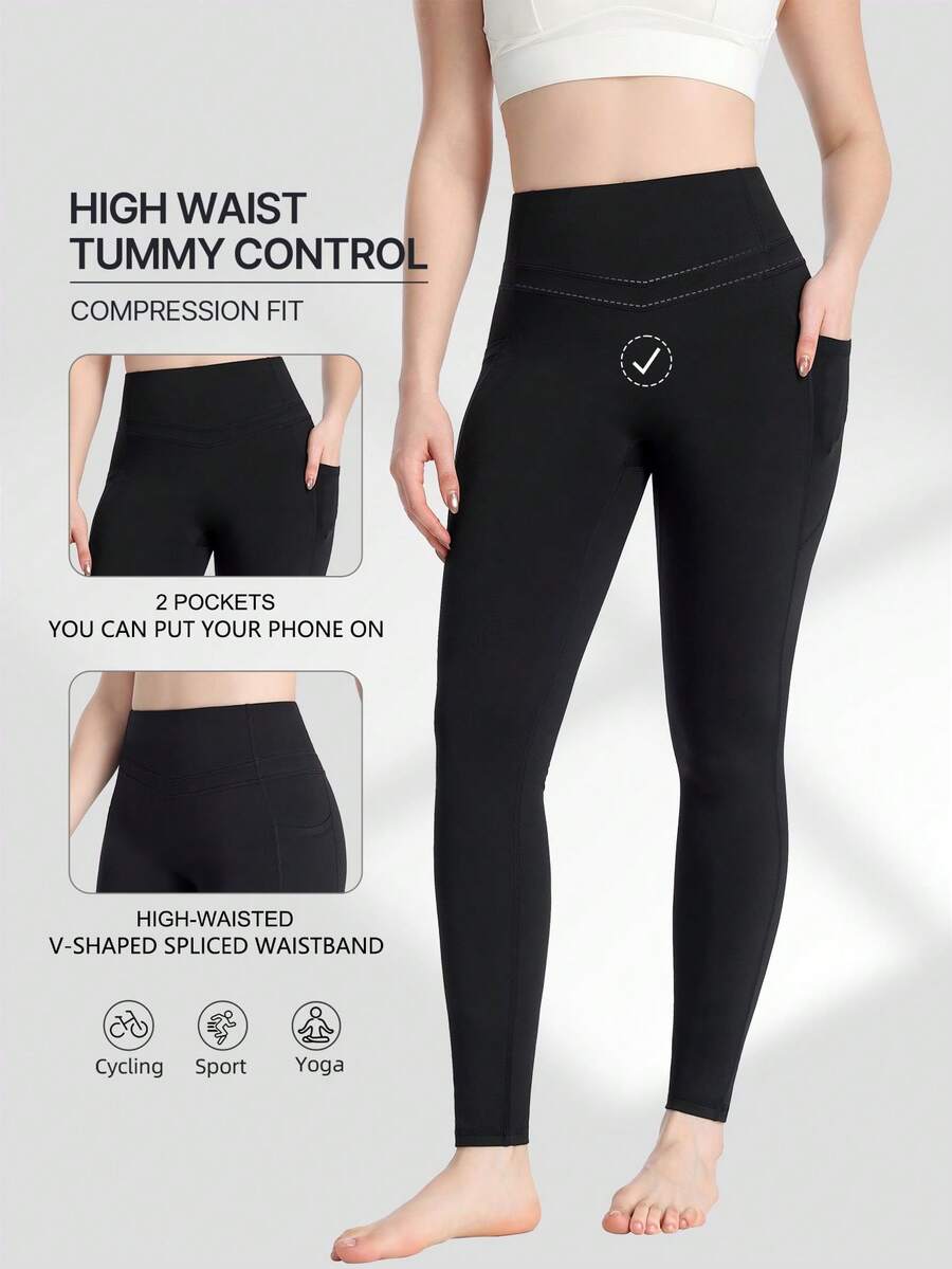 Spring Summer Autumn Women's High Waist Seamless Leggings With Pockets, Tummy Control Butt Lifting Yoga Pants, Solid Color Elastic Compression Leggings For Gym, Pilates, Training, Running, Workout, Cycling, Comfortable Sports Long Pants - Black - View 1