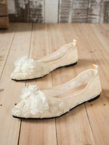 1雙女款玫瑰花蕾絲瑪麗珍平底鞋，尖頭單帶透氣休閒正裝鞋 - 白色 - 查看 5