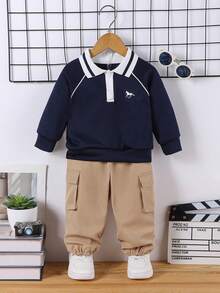 Bhchntiy Baby Boy Autumn/Winter New Pony Embroidered Polo Collar Sweatshirt And Solid Color Casual Fashion Cargo Pants - Blue - View 4