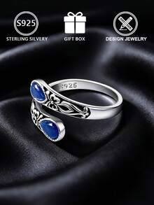 S925 Sterling Silver Vintage Distressed Blue Cat's Eye Stone Open Ring, Vintage Carved Adjustable Band - Silver - View 8