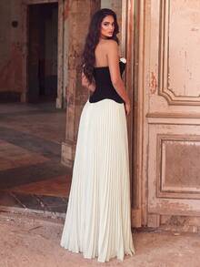 Elegant Strapless 3D Floral Applique Contrast Pleated Evening Gown, Bridal Photography, Formal Dinners, Garden Parties Black Wedding Party, Fall - Black - View 7