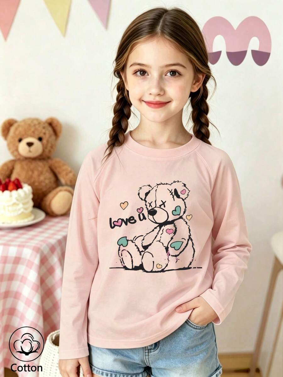 Girls Cotton Twill Long-Sleeved T-Shirt, Autumn/Winter Style, With A Heart-Pattern Print, In A Cute And Sweet Preppy Style - Pink - View 1