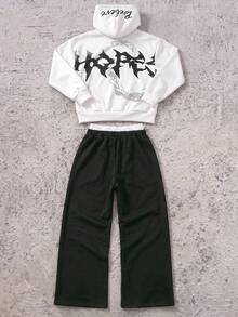 Lurzo Teen Boys Y2K Street Style Sports Hoodie Set, Letter Printed Hoodie,Contrast Stacked Waist Design Striped Printed Loose PantsAutumn And Winter - White - View 7