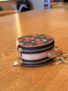 1pc New Fresh Floral Print Mini Round Handbag With Metal Chain, Crossbody Storage Pouch With Zipper And Key Ring, Cute Versatile Creative Mini Bag For Girls, Can Be Carried Alone Or Hung On Large Bag - Apricot - View 6