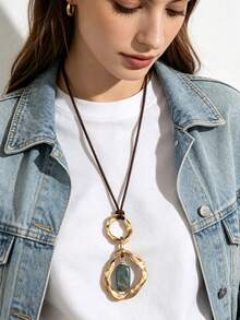 1pc Bohemian Vacation Style Double-Loop Twisted Geometric Pendant Necklace, Textured Resin Faux Stone Neck Chain, Casual Holiday Travel Accessory For Women, Halloween Christmas Festival Gift For Girlfriend/Boyfriend - Wax Rope - View 4