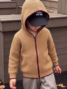 Boys' Hooded Full Zip Long Sleeve Knit Cardigan With Contrast Trim Design, Simple Casual Versatile Knit Jacket Suitable For School Daily Wear In Autumn/Winter - Khaki - View 1