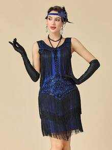 1920年代無袖 Flapper 舞女裙 大領口《大亨小傳》風格 亮片流蘇 咆哮20年代雞尾酒洋裝 - 藍色 - 查看 4