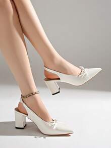 Pointed Toe Slingback Chunky Heel Pumps, Plus Size Wide Fit Elegant Evening Shoes For Women - Off White - View 6