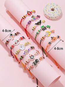 12Pcs Halloween Theme Charm Bracelet For Kids Girls Pumpkin Ghost Spider Skull Adjustable Rope Bracelets Holiday Party Gift Jewelry - Multicolor - View 2