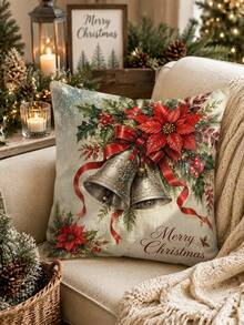 Christmas Table Runner, Throw Pillow, Placemat, Vintage Christmas Bell Red Ribbon, Red Holly Berry Print, Kitchen Dining Room Holiday Tabletop Decor - Multicolor - View 7