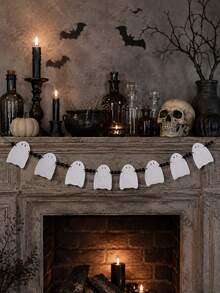 1pc Halloween White Ghost Beaded Garland Ghost Banner Cute Ghost Garland Ghost Hanging Decor Scary Ghost Decoration Fireplace Wall Hanging Door Window Hallway Party Supplies Haunted House Home Decor Seasonal White Ghost Garland Party Supplies Home Decor - Banner Decoration C - View 2