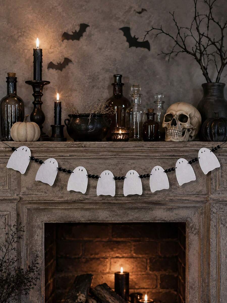 1pc Halloween White Ghost Beaded Garland Ghost Banner Cute Ghost Garland Ghost Hanging Decor Scary Ghost Decoration Fireplace Wall Hanging Door Window Hallway Party Supplies Haunted House Home Decor Seasonal White Ghost Garland Party Supplies Home Decor