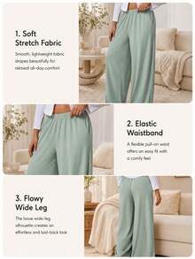 Sodalemon Women's Solid Color Casual Comfortable Wide Leg Pocket Pajama Pants, Elastic Waist Full Length Lounge Pants - Mint Green - View 3